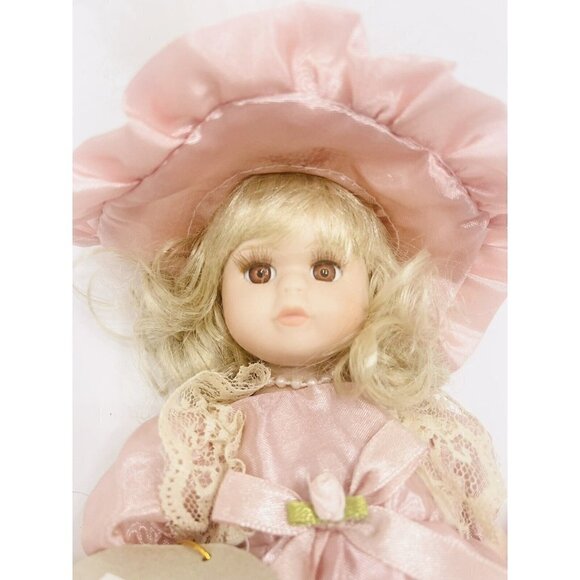 Menie Porcelain Doll 8” Blonde Brown Eyes Satin Pink Dress Lace Hat Dusty Rose - Picture 2 of 8